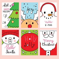 four christmas cards with santa claus, snowman, and reindeer faces on pink background