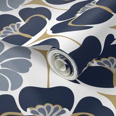 a blue and gold flower wallpaper with white, grey, and yellow flowers on it