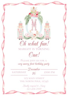 a pink and white birthday party card with the letter m on it's front