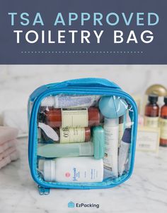 a blue bag filled with personal care items and the words tsa approved toiletry bag