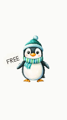 a penguin with a hat and scarf holding a free sign