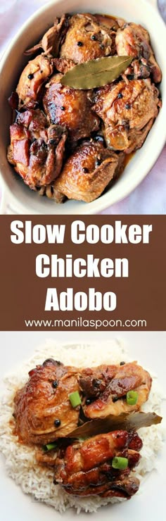 slow cooker chicken adobo is an easy and delicious recipe that's ready in under 30 minutes