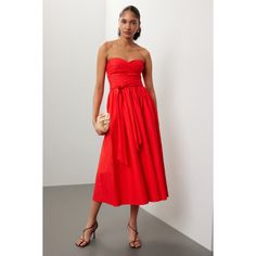 Red (100% cotton poplin). Casual dress. Sleeveless. Sweetheart neckline. Side zipper closure. 42" from bust to hemline. Imported. Cotton Midi Dress With Fitted Bodice And Sweetheart Neckline, Strapless Cotton Dress With Ruched Detail, Strapless Ruched Cotton Dress, Cotton Strapless Dress With Fitted Bodice, Sleeveless Cotton Midi Dress With Ruched Bodice, Cotton Dress With Ruched Bodice And Sweetheart Neckline, Cotton Dress With Sweetheart Neckline, Sleeveless Cotton Evening Dress, Sleeveless Cotton Dress For Evening