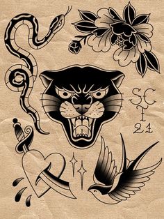 an old school tattoo design with a tiger and bird on it's head, surrounded by flowers