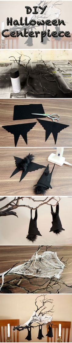 some paper bats hanging from a tree branch with scissors and yarn on it, while another one hangs upside down