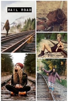 a series of photos with people sitting on train tracks