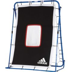 a black and white soccer goal with red trim on the bottom corner, in front of a white background