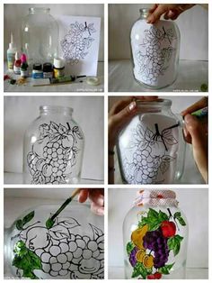 the process to make a painted glass jar with flowers and leaves on it is shown