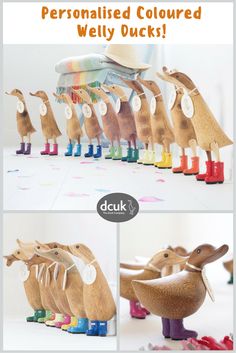 wooden toy animals are lined up in different colors and sizes with the words, personalized colored