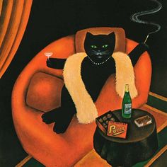 a painting of a black cat sitting on an orange chair next to a bottle of beer