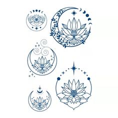 four phases of the moon with lotuses and stars on them, all drawn in blue ink