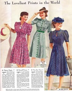 Women's Fashions from Sears Catalog 1940s 1940 Fashion, 40s Mode, Patron Vintage, Dresses 40s, Color Illustration