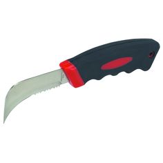 a knife with a red handle on it