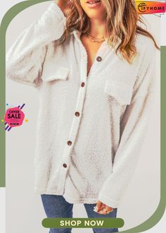 White Plush Button Down Pocketed Shirt Jacket Solid Winter Shirt With Button Closure, Solid Winter Shirt With Buttons, Winter Flannel Shirt With Snap Buttons, Winter Long Sleeve Shirt With Buttons, Winter Button-up Single Breasted Shirt, Winter Long Sleeve Top With Button Closure, Long Sleeve Tops With Button Closure For Winter, Winter Single Breasted Button-up Shirt, Casual Long Sleeve Shacket With Buttons