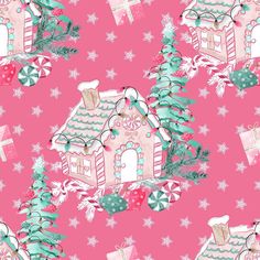 a pink and green christmas background with gingerbread houses, candy canes and snowflakes