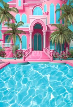 a large pink house next to a swimming pool with palm trees in the foreground