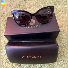 Very Well Taken Care Of, Comes With Original Case, Box, Unopened Cleaning Cloth, And From A Good Home. Blue On The Edges Towards The Ear For A Pop Of Color Man Sunglasses, Versace Accessories, The Ear, Colored Sunglasses, Cleaning Cloth, Sunglasses Accessories, Cat Eye, Versace, Color Pop