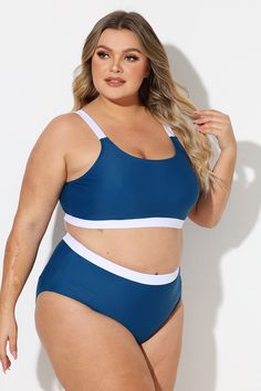 Plus Size Blue & White Colorblock Bikini Top Blue Sporty Tankini For Beach Season, Sporty Blue Tankini For Beach Season, Blue Color Block Tankini, Blue Sporty Color Block Swimwear, Sporty Blue Swimwear With Contrast Color, Blue Color Block Tankini For Poolside, Blue Color Block Tankini Beachwear, Blue Color Block Sports Swimwear, Blue Contrast Color Swimwear For Beach