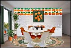 a white table with four orange chairs in front of an art work on the wall