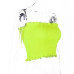 FREE SHIPPING Ruffles Neon Green Orange Tube Top Clubwear JKP1454 Yellow Stretchy Top For Summer, High Stretch Yellow Tops For Summer, Green Elastane Summer Tops, Fitted Green Seamless Crop Top, Green Stretch Crop Top, Stretch Green Elastane Crop Top, Green High Stretch Trendy Crop Top, Trendy Green Stretch Tube Top, Trendy High-stretch Green Crop Top