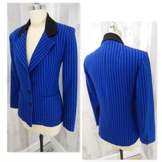 "FABULOUS STRIPED WOOL JACKET, FULLY LINED. BRIGHT ROYAL BLUE AND BLACK STRIPES. DESIGNED by LILLI ANN/ADOLPH SCHUMAN. c1970-1980s CONDITION: LOVELY VINTAGE CONDITION-NOTABLE ISSUES: DRY-CLEANING IS RECOMMENDED. *SEE ALL PHOTOS LISTED FOR ADDITIONAL DETAILS. ** BE SURE TO ASK ABOUT MY NUMEROUS LILLI ANN DESIGNER GOWNS COMING SOON! SIZE: Photos taken on my size 2 dress form, and clipped in the back for photo purposes. For best fit, please refer to the measurements below: Approx Inches: High Bust/ Blue Retro Long Sleeve Blazer, Blue Long Sleeve Retro Blazer, Vintage Blue Blazer For Fall, Blue Vintage Blazer For Fall, Vintage Blue Winter Blazer, Retro Fitted Blue Blazer, Fitted Retro Blue Blazer, Striped Coat, Lilli Ann