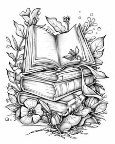 an open book surrounded by flowers and leaves