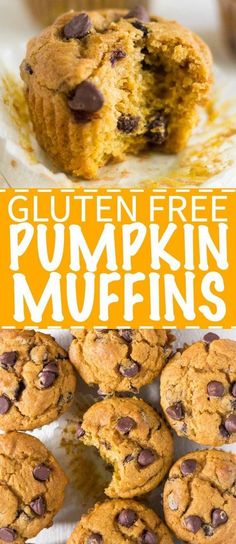 gluten free pumpkin muffins with chocolate chips on top and in the middle