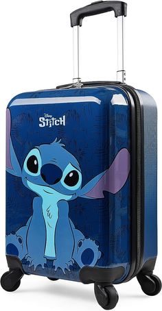 a blue suitcase with an image of stitch on it