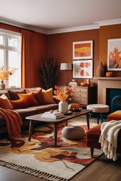 a living room with orange walls and furniture in the center, along with an area rug on the floor