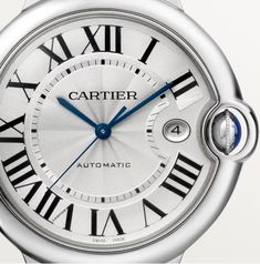 Ballon Bleu de Cartier watch, 42 mm. Mechanical movement with automatic winding, calibre 1847 MC. Steel case, fluted crown set with a synthetic cabochon-shaped spinel, silvered guilloché opaline dial. Blued-steel sword-shaped hands, sapphire crystal, black alligator-skin strap, interchangeable steel folding buckle. Calendar aperture at 3 o'clock. Thickness: 13 mm. Water-resistant to 3 bar (approx. 30 metres). Alligator Skin, Cartier Ballon Bleu, Cartier Watch, Mechanical Movement, White Dial, Steel Watch, Watches Jewelry, Selling Jewelry, Watch Brands