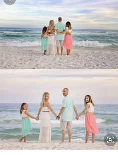 a family holding hands on the beach at sunset