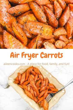 an air fryer carrots recipe is shown in this collage with the title above it