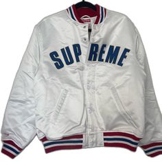 White Hooded Varsity Jacket With Ribbed Cuffs, White Winter Outerwear For Streetwear, Casual White Varsity Jacket With Ribbed Cuffs, Winter White Varsity Jacket With Ribbed Cuffs, White Hooded Outerwear For Streetwear, Casual White Varsity Jacket For Winter, White Sporty Hooded Varsity Jacket, White Long Sleeve Varsity Jacket For Winter, White Long Sleeve Varsity Jacket For Fall