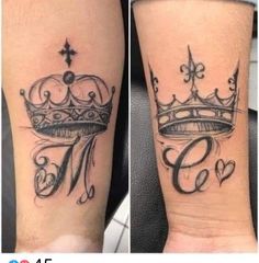 two tattoos with crowns on their legs and one has the letter c in it's center