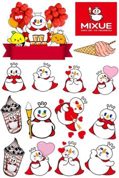 an assortment of cartoon characters with hearts and ice creams in the shape of snowmen