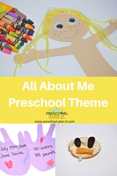 all about me preschool theme with handprints, crayons and pencils