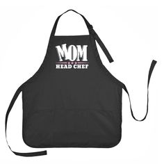 a black apron with the words mom head chef printed on it and an adjustable neck strap