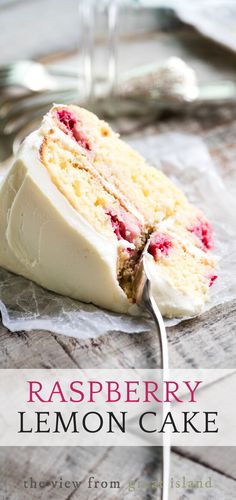 a slice of raspberry lemon cake on a plate