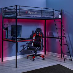 a loft bed with a desk and chair in front of it, next to a purple wall