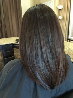 Layered Hair For Rebonded, Rebonded Medium Length Hair, Long Brunette Hair Straight Haircuts, Long Layers On Short Hair Mid Length, Dark Straight Hair Balayage, U Shaped Medium Haircut, Haircuts For Mid Length Hair With Layers, U Shaped Haircut Medium Shoulder Length, Rebonded Layered Hair