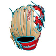 a red and blue baseball glove on a white background