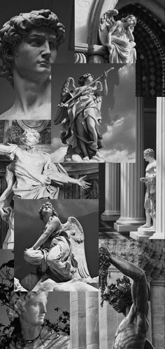 black and white collage with statues in the background