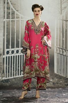 Fuchsia pink kimono sleeves kaftan with all over royal garden print and beaded embellishments on the neckline. - Aza Fashions Rajdeep Ranawat, Kaftan For Women, Beaded Embellishments, Pink Kimono, Printed Flare Pants, Diana Penty, Royal Garden, Luxury Sale, Kimono Sleeves