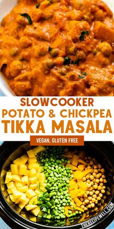 slow cooker potato and chickpea tikka masala with text overlay