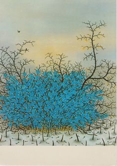 a painting of trees in the snow with birds flying over them and one tree has blue leaves on it