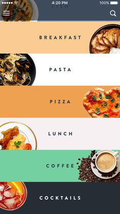 the menus for different types of food are shown in this graphic style, including pizza and coffee