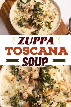 two bowls of zuppa toscana soup with spinach and bread on the side