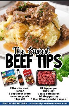 an advertisement for beef tips on a plate with broccoli and other food items