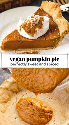 a slice of vegan pumpkin pie with whipped cream on top