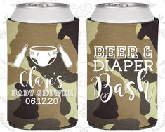 two camo can coolers with the words, beer and diaper on them